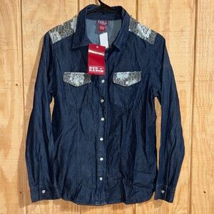 Red Ranch Denim Pearl Snap Shirt with Lace Accents